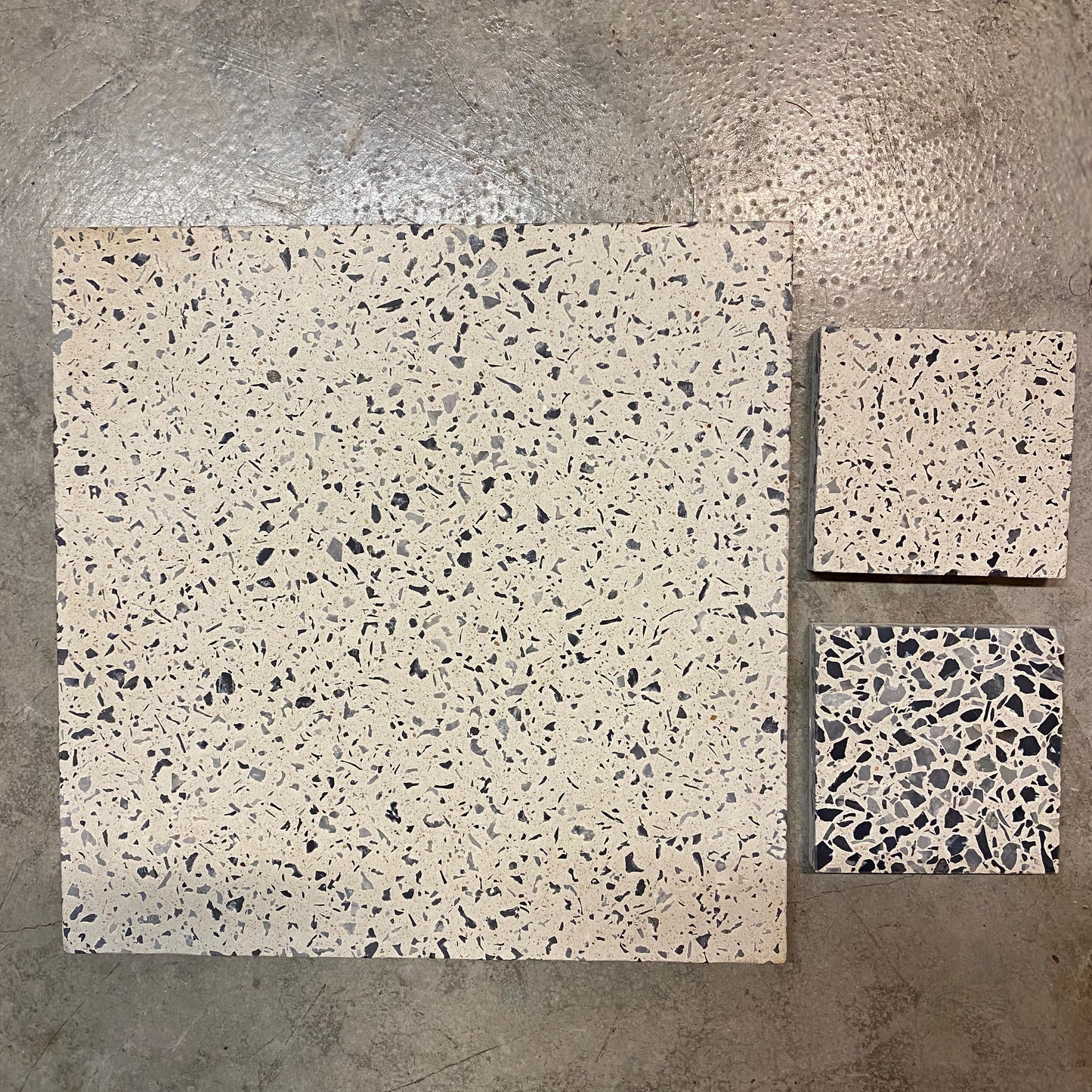 Concrete Collaborative | Blonde and Black Chip Full Terrazzo. 12”x12”