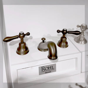 Rohl | Arcana C-Spout Rohl | Arcana C-Spout Widespread Bathroom Faucet - Tuscan Brass With Metal Lever Handle
