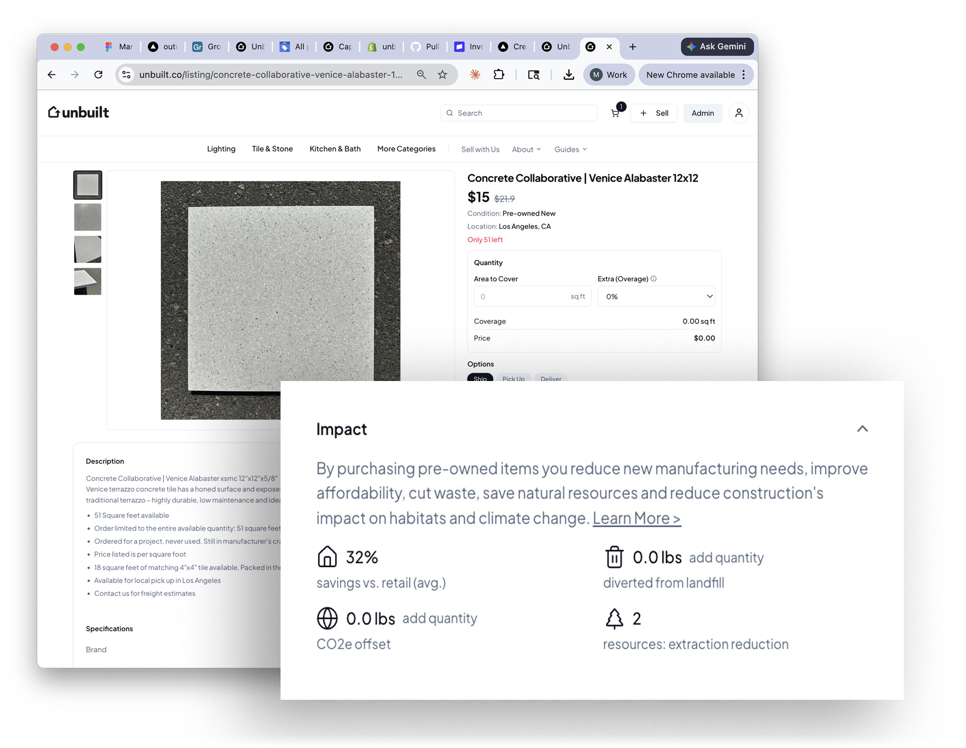 An Unbuilt product page showing its per-listing impact: savings versus retail, CO₂e offset, landfill diversion, and natural resources saved.
